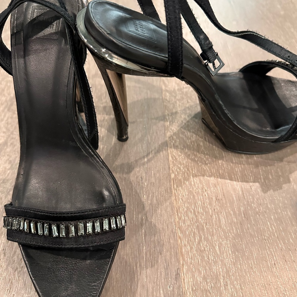 Herve Leger platform heels, rhinestone detail strap and embossed leather heel